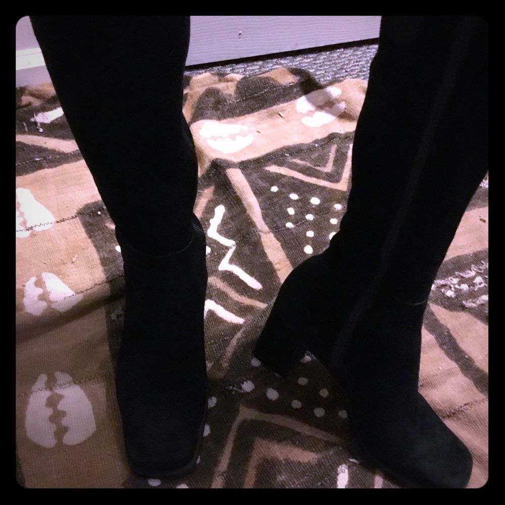 Nine West Suede Black Square Toe Heel Boots